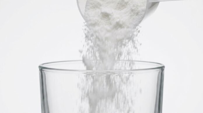 BCAA supplement powder pouring into clear glass